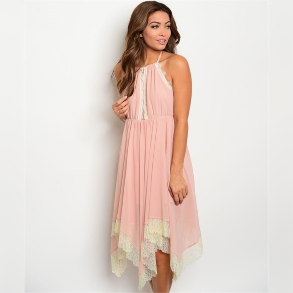 Asymmetrical Blush & Ivory Lace Halter Midi Dress